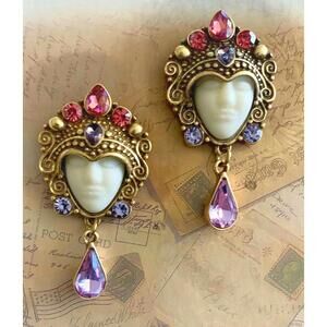 Avant-Garde Medusa Goddess Face Statement Pink Purple Crystal Gold Earrings